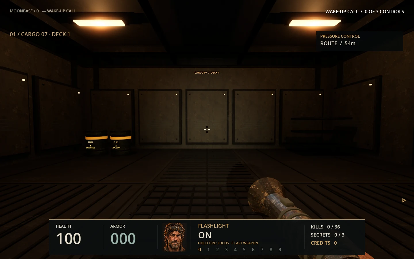 First-person gameplay: a flashlight cuts through an abandoned industrial room