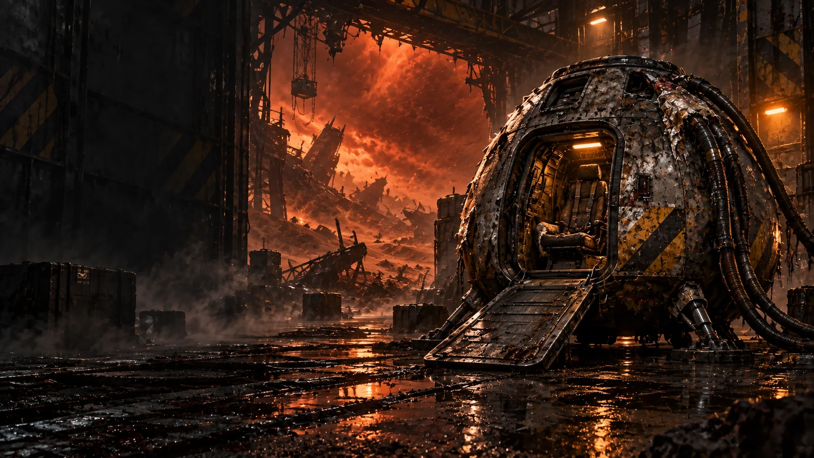 A battered escape capsule waits in a scorched loading bay