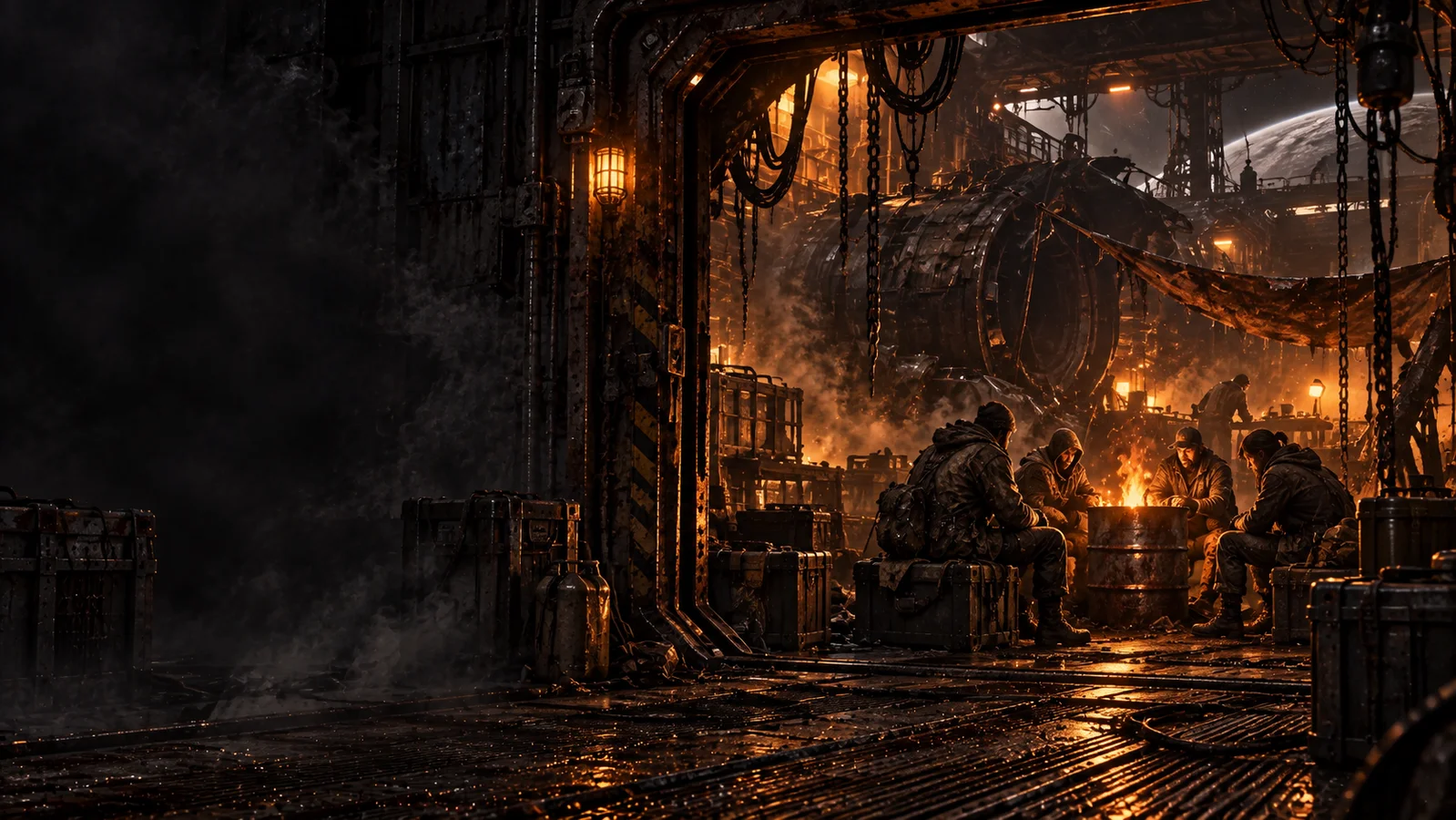 Survivors gather around a barrel fire in a wrecked spacecraft workshop