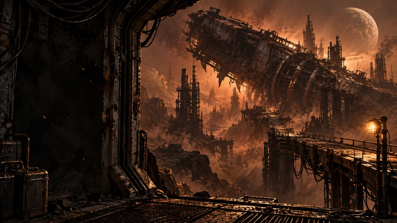 A broken freighter towers over a ruined alien industrial landscape