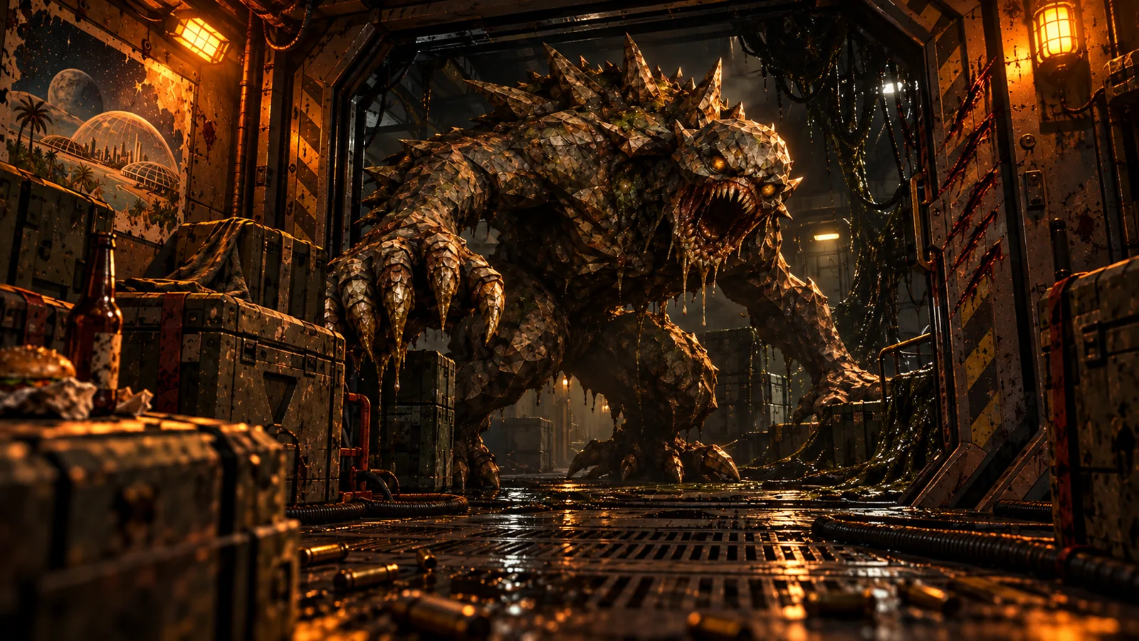 An armored alien demon charges down a ruined ship corridor