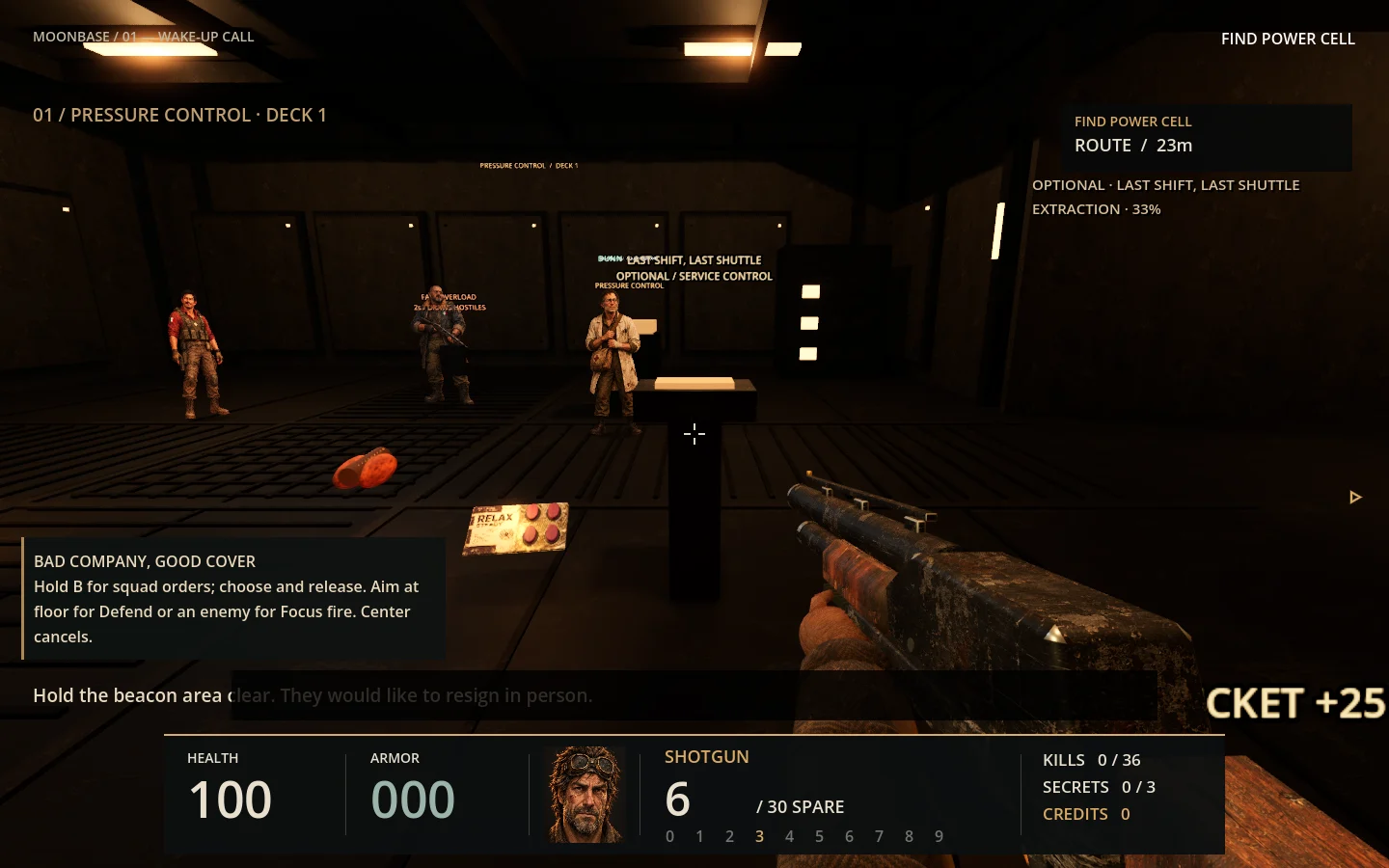 In-game contextual squad instruction above the classic health and ammunition HUD