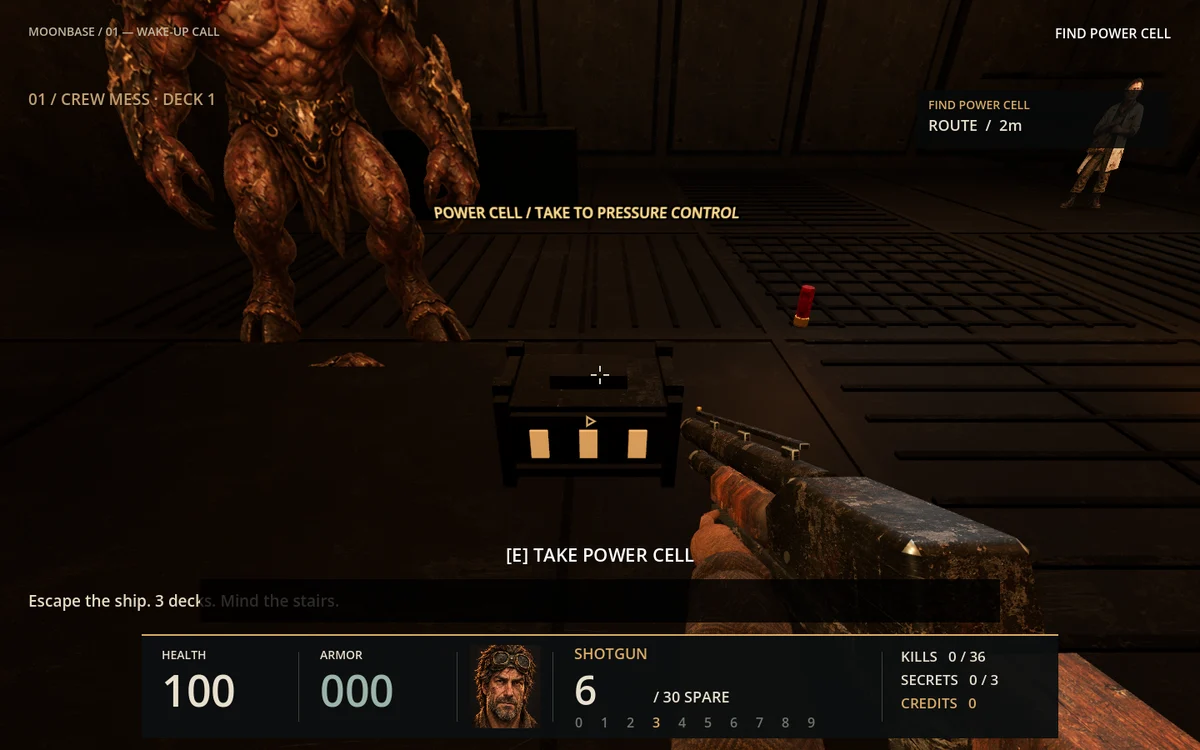 Actual gameplay showing a carried power cell and mission objective